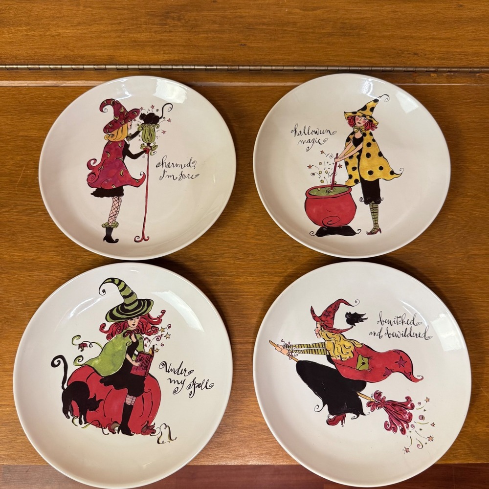 Vintage Halloween Witch Dessert Plates Set 4 Rosanna Witchy Whimsical Kitsch 90s
